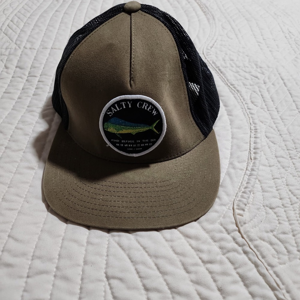 Salty Crew Mahi Mahi Fish Patch Trucker Hat Olive Green Black Snapback OSFM